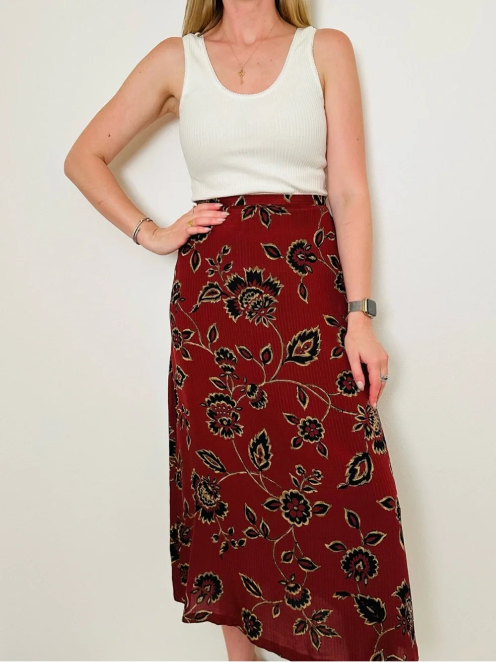 Vintage Jones New York 100% Silk Floral Maxi Skirt Red Black Boho Size 14 - Picture 4 of 10